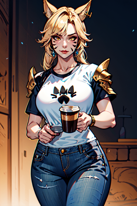 1 girl, solo, large breasts, HoldingACupofCoffee,tshirt, jeans,  Simple-Miqote