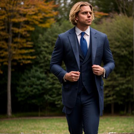 Matthis coleman, 1 man, solo, (wearing a blue navy suit:1.2), necklace, (looking at viewer:1.2), blonde hair, bokeh, detailed face, 8k, masterpiece, hd,  <lora:Matthis_Coleman:0.9>