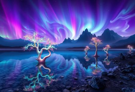 A breathtaking scene of a surreal landscape that blends the beauty of nature with abstract, dreamlike elements. The foreground features a crystal-clear, reflective lake that mirrors a sky filled with vibrant, swirling auroras in shades of purple, blue, and green. On the shore of the lake, unusual, glowing trees with twisted, spiraling branches reach out towards the heavens, their leaves shimmering in a spectrum of colors. In the distance, towering, otherworldly mountains with jagged peaks rise into the sky, partially obscured by wisps of ethereal mist. The entire scene is bathed in a soft, glowing light that enhances the vivid colors and gives the image a mystical, almost otherworldly feel. The horizon is a mix of deep purples and blues, creating a sense of infinite depth and wonder