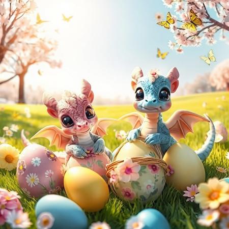 Create a bright and joyful Easter-themed image with cute baby dragons instead of the traditional Easter bunnies. Baby dragons should be small, with big eyes and soft fur, in pastel colors — pink, blue, yellow and green.
They appear among bright Easter eggs decorated with patterns and flowers. The background depicts a spring landscape with blooming trees and green lawns, creating a festive atmosphere. The sun is shining in the sky, and butterflies are fluttering around.
Baby dragons can hold small baskets of eggs in their paws or hide behind them, creating a playful and cheerful atmosphere. The lighting should be soft and warm, creating light tones in the image.