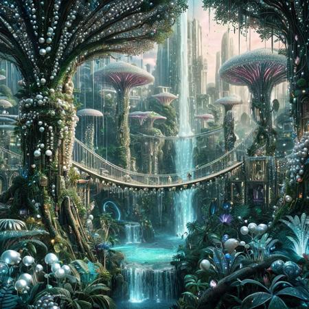 8k, score_9, score_8_up, score_7_up,
jungle City, Bioluminescent Metropolis
BREAK
A breathtaking, panoramic view of a sprawling jungle city seamlessly integrated with a colossal, vibrant rainforest. Towering structures, formed from a living, iridescent, pearl-like chitin and interwoven with giant trees, create a canopy-level metropolis. The city is alive with natural, soft bioluminescence in hues of ethereal blue, soft pink, and glowing green, emanating from exotic flora and fungi. Massive waterfalls cascade down the organic architecture, and rope bridges and vine-covered walkways connect the different levels. Exotic, pearl-winged jungle creatures fly between the towering tree-structures, adding to the city's dynamic life. The atmosphere is a stunning fusion of untamed nature and advanced, organic civilization.
BREAK
jungle, rainforest, cityscape, Pearlum, organic architecture, living city, bioluminescent, pearlescent structures, iridescent materials, glowing flora, giant trees, waterfalls, hanging bridges, vines, mythical creatures, jungle creatures, flying beings, intricate details, epic composition, vibrant, lush, wild
BREAK
masterpiece, best quality, ultra-detailed, painterly, magical lighting, 8k UHD, vibrant colors, sharp focus