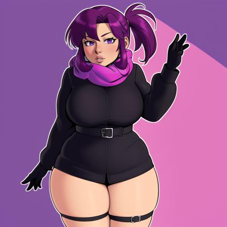 (masterpiece, best quality:1.3), Cuddle Core, 1girl, solo, looking at viewer, mature female, thick thighs, large breasts, wide hips, <lora:Cuddlecore Style Lora:.8>, purple hair, purple eyes, long hair, purple scarf, ponytail, gloves, cowboy shot, scarf, thigh strap, dress, black gloves, long sleeves, coat, black coat