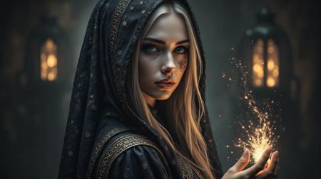 A young sorceress dressed in an elegant black costume adorned with intricate mystical patterns and subtle shimmering details. Her piercing eyes and commanding presence are highlighted by soft, ethereal lighting. She holds a glowing magical artifact, with dark energy swirling around her hands. The background features a shadowy, mystical setting with faint glowing runes and a hint of an ancient arcane structure. Digital painting, highly detailed, photorealistic, sharp focus, dramatic lighting, and dark, moody tones. aidmamj6.1, realistic, photorealistic