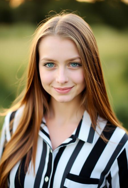 a young woman with long brown hair. She looks straight at the camera and smiles slightly. She has blond skin and expressive green eyes. A woman is wearing a shirt with vertical black and white stripes. Background nature, lighting is soft, sunset.