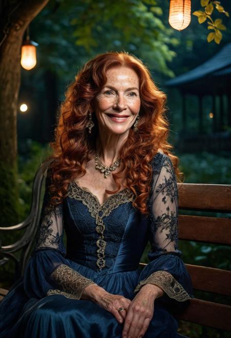 A captivating, cinematic night time photo of an elegant beautiful (older:1.2) woman, (age 50:1.2), sitting on a park bench, happily smiling, hands on lap, with long curly dark orange hair, (freckles:1.3), looking at camera, full body view. She is dressed in an exquisite, dark blue translucent Victorian dresses adorned with intricate lace and silver thread patterns. Her long orange hair flows elegantly, and her eyes are a striking shade of green. Matching slippers enhances her look. The background is a mystical, moonlit forest, dark shadows and glowing lanterns, mist, fireflies, creating an atmosphere of supernatural enchantment., DarkFantasy, photo, cinematic,