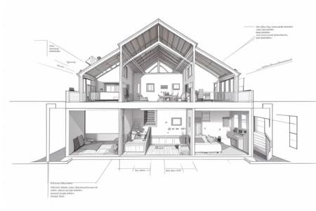 ((Interior cross section of 2-story midwest home)), 2D, line drawing, sketch, linear of cross section masterpiece,best quality,indoors,no humans,scenery,simple background,building,architecture,lineart, 
<lora:Architectural cross section perspective:0.7>,