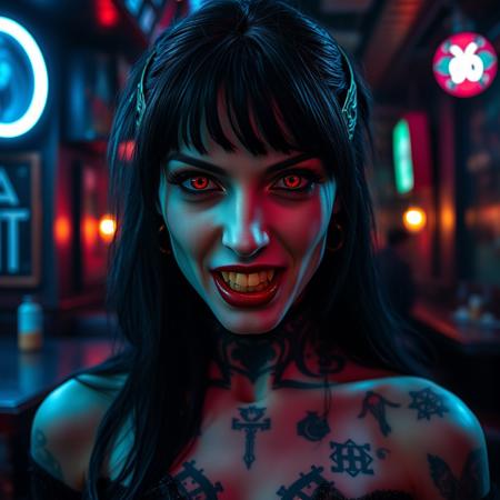 full body shot of a vampiress with european pale face and red eyes, dark hair, prominent and slightly aquiline nose with a straight bridge and a refined tip, bulgarian, with a very evil and demonic look, she must be gothic, dark, mouth slightly open and (showing her vampire fangs:1.1), she has tattoos with strange ancient symbols (maybe runic), inside a cyberpunk style pub at night, cyan light at her left, magenta light at her right. Sharp focus, studio photo, intricate details, highly detailed, realistic, 8K