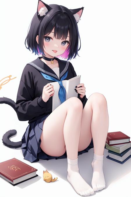 1girl,animal ears,solo,black nails,skirt,tail,book,cat tail,black hair,cat ears,socks,school uniform,long sleeves,sailor collar,holding,cat girl,shirt,serafuku,halo,white socks,nail polish,blue skirt,sitting,single sock,toenails,short hair,looking at viewer,white shirt,multicolored hair,blue sailor collar,holding book,toenail polish,feet,pleated skirt,white background,barefoot,bangs,full body,neckerchief,tongue out,toes,choker,tongue,blue neckerchief,black eyes,book stack,tail raised,simple background,no shoes,bare legs,black choker,animal ear fluff,soles,