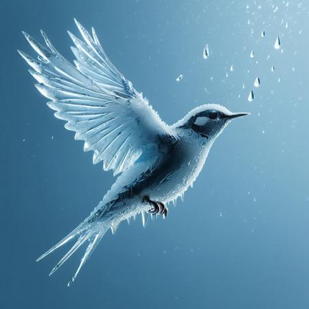 Ice swallow bird in flight composed of ice with heavy rain water drop falling on a shimmering water surface, pale blue  to dark blue background