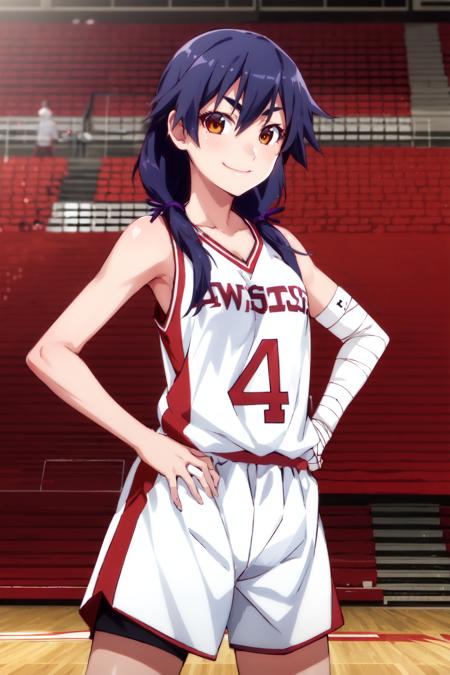 1girl, solo, looking at viewer,
kanbarusuruga, 1girl, solo, smile, blue hair, long hair, twintails, low twintails, medium breasts, brown eyes, collarbone,  white shorts, sportswear, jersey, basketball uniform, bandages, bandaged arm,
smile, cowboy shot, hands on hips,
basketball court,
<lora:kanbaru-suruga-v1:0.9>