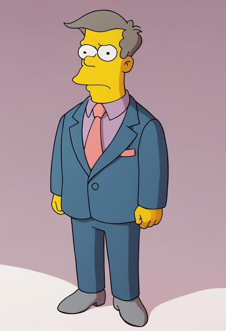 1boy, skinner,  \(the simpsons\)/,(ultra HD quality details), short, straight, grey hair, large nose,  suit, cerulean business suit, grey shoes, leather shoes, necktie, pink tie, shirt, lavender shirt, theSimpsonsstyle,