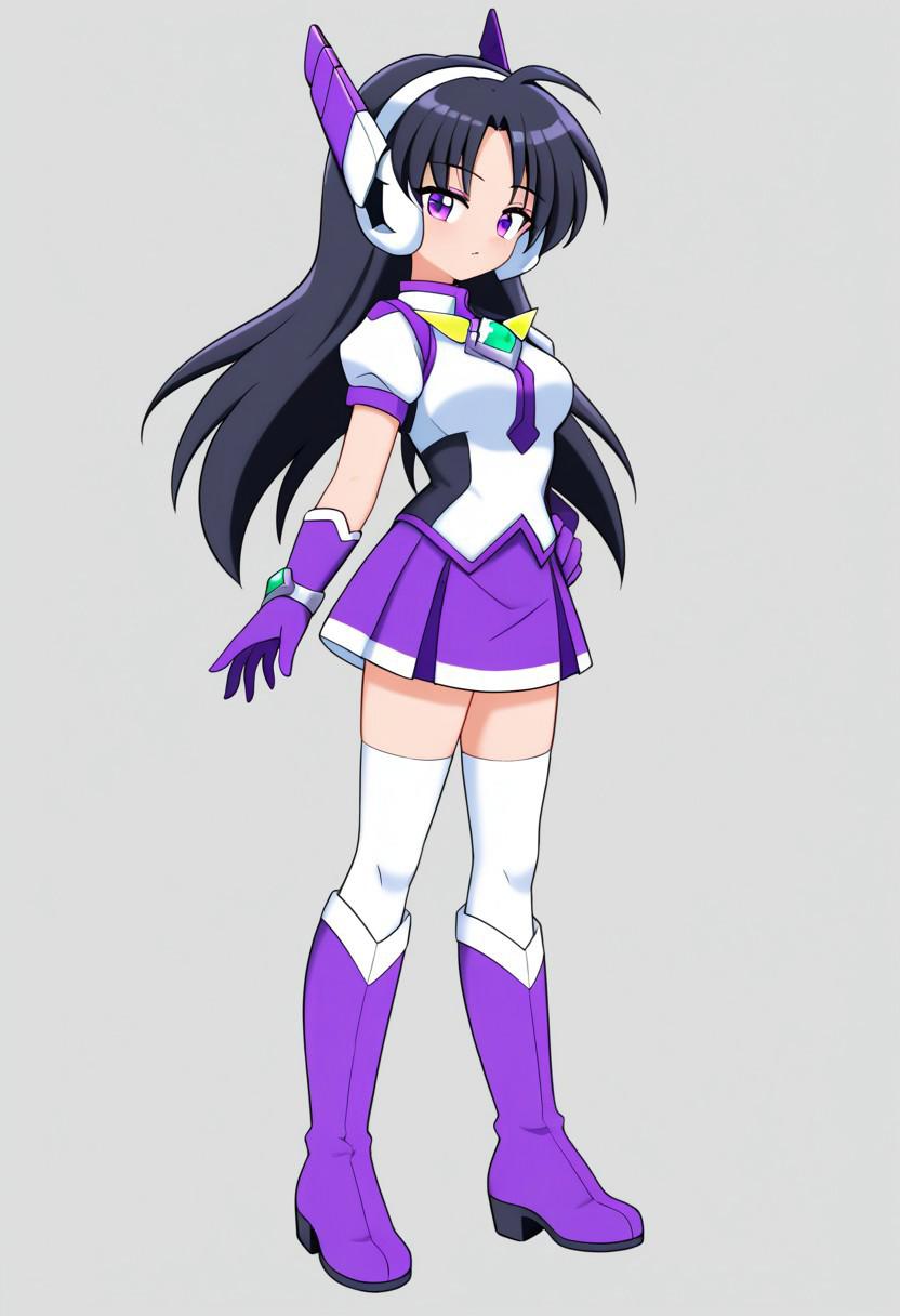 score_9, score_8_up, score_7_up, source_anime, good anatomy,purpswa, 1girl, solo, black hair, long hair, purple eyes, purswaoutfit, white and purple shirt, raised collar, white hairband, white and purple headphones, white and purple glove, wristband, green gems, purple skirt with white trim, miniskirt, white thighhighs, zettai ryouiki, white and purple boots, standing, full body, from side, side view