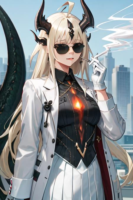 best quality, masterpiece, highres, solo, {black business suit:1.40}, {tie:1.20}, {sunglasses:1.25}, {white gloves:1.15}, {white shirt:1.10}, {black skirt:1.15}, {smoking:1.20}, handsome, {reed_arknights:1.15}, horns, long_hair, dragon_horns, ahoge, bangs, blonde_hair, upper_body, blue_eyes, tail, breasts, white_hair, green_eyes