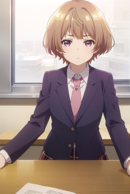 hanabinatsubayashi, <lora:hanabi natsubayashi s1-lora-nochekaiser:1>,
hanabi natsubayashi, short hair, brown hair, (pink eyes:1.2),
BREAK skirt, shirt, long sleeves, school uniform, jacket, white shirt, pleated skirt, necktie, collared shirt, plaid, plaid skirt, blazer, red necktie,
BREAK indoors, classroom,
BREAK looking at viewer,
BREAK <lyco:GoodHands-beta2:1>, (masterpiece:1.2), best quality, high resolution, unity 8k wallpaper, (illustration:0.8), (beautiful detailed eyes:1.6), extremely detailed face, perfect lighting, extremely detailed CG, (perfect hands, perfect anatomy),