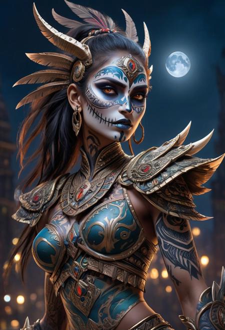 3D anime-style, Amazoness warrior with indian makeup, very tall and muscular, tribal tattoo, stunning beauty, high detail, dynamic composition, intricate textures, regal pose, dark surrounding, low light, nighttime setting, realistic shadows, ethereal, strong and graceful, wearing skeletal armor, city background, confident and majestic, ultra-quality, expressive eyes, detailed skeletal makeup, moonlight, thick fog, light particles shining from the moonlight