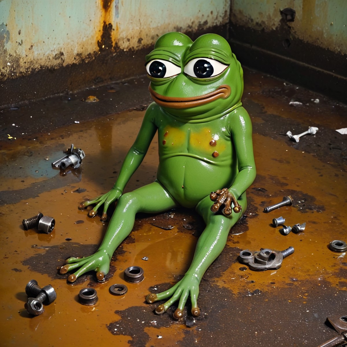 A place with oil stains on the floor with remains of bodywork and screws and a lot of rusty things, (((pepe_frog))), 1 boy...