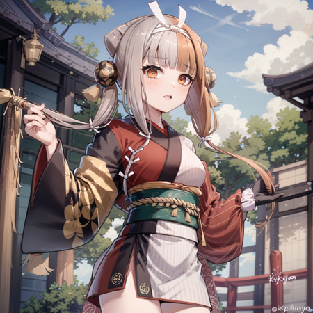 Izumo a very stylized asian girl dressed as a geisha standing in an outdoor area, split-color hair, 1girl, solo, multicolored hair, japanese clothes, two-tone hair, brown hair, long hair, Izumo,
