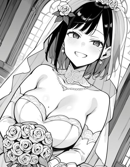 chouko yomokata, monochrome, greyscale, large breasts, skirt, shirt, school uniform, short sleeves, pleated skirt, necktie, collared shirt, medium hair, hair ornament, cleavage, bare shoulders, flower, earrings, hair flower, white dress, mole, strapless, rose, white flower, veil, bridal gauntlets, mole on breast, bouquet, wedding dress, bridal veil, bride,