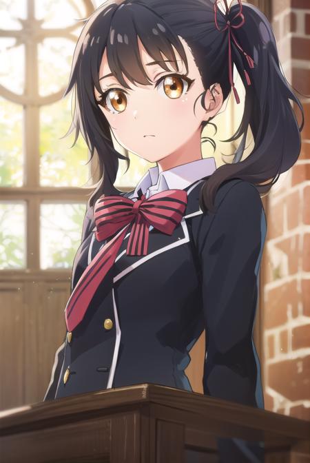 hasukikomai, <lora:hasuki komai s1-lora-nochekaiser:1>,
hasuki komai, (black hair:1.5), ribbon, (brown eyes:1.5), hair ribbon, side ponytail,
BREAK bow, school uniform, jacket, striped, bowtie, black jacket, blazer, striped bow, striped bowtie,
BREAK indoors, classroom,
BREAK looking at viewer, (cowboy shot:1.5),
BREAK <lyco:GoodHands-beta2:1>, (masterpiece:1.2), best quality, high resolution, unity 8k wallpaper, (illustration:0.8), (beautiful detailed eyes:1.6), extremely detailed face, perfect lighting, extremely detailed CG, (perfect hands, perfect anatomy),