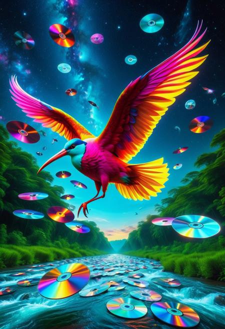 CD Repeat, Masterpiece, best quality, amazing quality, absurd, latest, volumetric lighting, UHD, SFW, vibrant colors, neon, vivid colors, Ibis made of cd's, flying over river , exquisite detail, digital art, realistic, highly detail, beautiful, surreal, dramatic, galaxy fantasy colors, No_Humans,