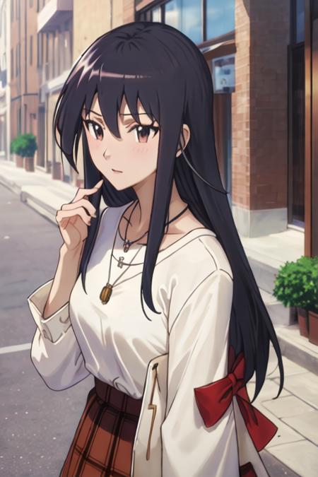 best quality, masterpiece, highres, solo, {amakusa_shino_seitokaiyakuindomo:1.15}, long_hair, black_hair, brown_eyes, bow, 1girl, jewelry, necklace, pendant, day, outdoors, sky