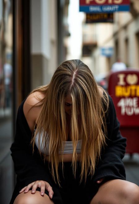 woman with her head down, street, sitting on a chair, hair trickles down hear head into her ample chest, it is street hypnosis, her head hangs so low you can barely see her face