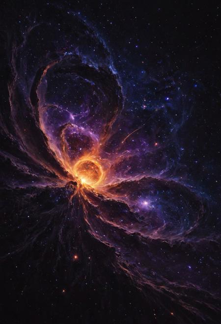 (dark stardust creature looking at camera:1.6), cosmic entity, non-humanoid, amorphous and abstract form, swirling black and deep indigo stardust, shifting silhouette with jagged tendrils, vortex spirals, floating geometric shards, clusters of glowing orange and violet stars embedded within, shimmering cosmic dust trails, celestial patterns, void-like hollows, rough textured edges, ethereal and chaotic energy, painterly brushwork, (paint graph style:1.6), (abstract shapes:1.5), (masterpiece), (ultra-detailed), (best quality), (hyperrealism:1.4), (pure black:1.8), (deep shadows:1.7), (high contrast:1.7), (galactic core glow:1.5), (mysterious cosmic aura:1.5), (surreal mood:1.5), (eerie atmosphere:1.6), (front cosmic light source:1.3), cinematic lighting, body dissolving into space dust and nebula mist, softly etherated background, subtle gradient from deep space blue to faint violet, scattered glowing particles, tiny stars, (minimalist composition:1.5), (dynamic negative space:1.5), (epic scale:1.4), (atmospheric depth:1.4), (VFX:1.3), (artstation quality), (8K, 4K), (visual storytelling:1.3), (otherworldly texture:1.4), (chaotic cosmic energy:1.4), (focus on glowing stardust clusters and silhouette:1.7)