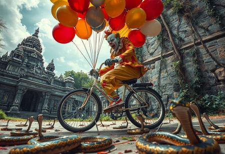 high quality, detailed, beautiful, masterpiece, correct anatomy, anatomically correct, detailed, realistic, masterpiece, complex shadows, intricate details, high quality, hi res, best quality, a clown is riding a bicycle, the bicycle the clown is riding is made of balloons, there are thumbtacks on the ground, there are many cobra snakes on the ground, the clown is trying to avoid the thumbtacks, the clown is nervous, scared, sweating heavily, low angle, looking up, view from bellow, jungle, temple, granite wall, vines, vivid colours,