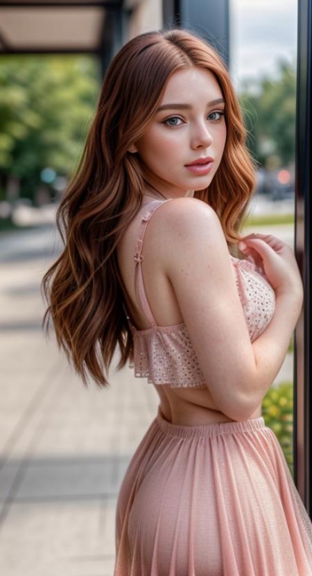S203_AleksandraGirskaya, (detailed eyes:0.8), (detailed lips:0.8), (freckles:0.8), extremely photogenic girl, blush, textured skin, hourglass figure, (photorealistic:1.2), (warm colors, 8k, high quality, shot on Fujifilm X-T4, 85mm f1.2), <lora:epiCRealismHelper:0.99>, <lora:add_detail:0.8>, elegant sundress, elegant skirt, (full body shot:1.1)