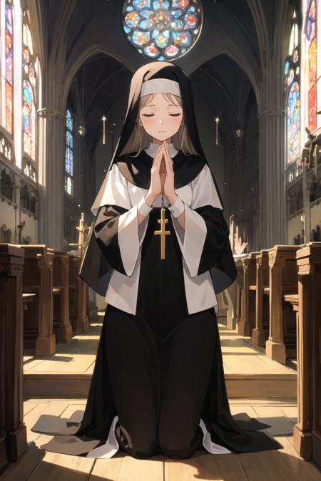 1girl, long hair, praying, nun, church, habit, perspective, closed eyes, (stained glass:0.5), kneeling