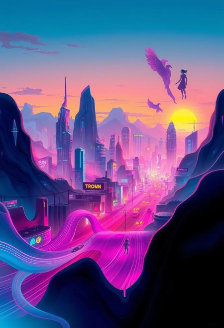 The town features a futuristic cityscape with glowing neon lights, abstract flowing shapes merging into the skyline, soft gradients blending between dusk and dawn, and ethereal figures floating in the air, all rendered in a fluid, dreamlike style, emphasizing vibrant colors, motion, and high contrast. The entire composition is vivid and dreamy, evoking a sense of wonder.