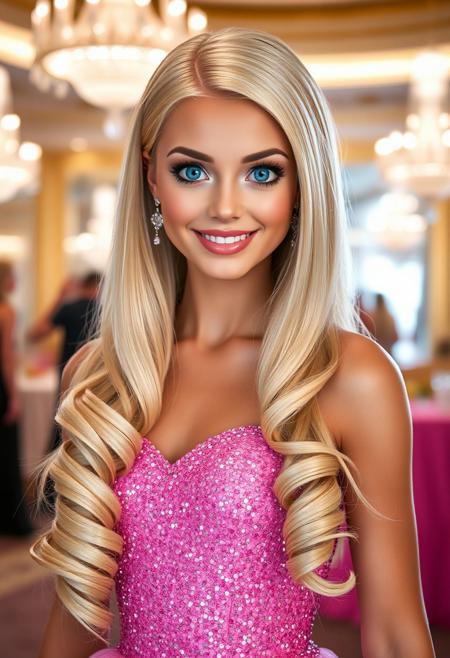A professional photo of a dazzling princess who looks like Barbie. She has extremely long straight blonde hair parted on the side and curled at the ends. Her huge blue eyes are open wide with excitement. She is wearing glamorous makeup. She is wearing a sparkling pink princess dress. She is standing in a glamorous ballroom and smiling.