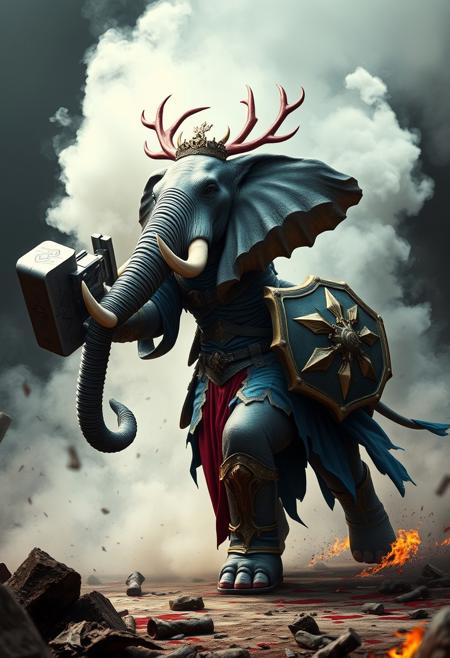 hyperrealistic, anthropomorphized elephant/human female (with female human body, elephant head), grey skin, bald, large tusks, large elephant trunk, 
knight, blue and gold full armor, long pelvic curtain, muscular thighs, holding a midevil war-hammer, knight, crown of red antlers,
charging into battle, fighting, hero pose, surrounded by smoke, surrounded by blood, blood splattered on floor, midevil battlefield, burning rubble, 
cinematic composition and lighting. Masterpiece. 8k. Very detailed.