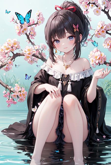 (masterpiece,best quality,absurdres:1.1),
1girl,beautiful detailed girl,fine and beautiful detailed skin,(tassel hair ornament:1.3),solo,blunt bangs,blunt tresses,ponytail,hair bow,hair ribbon,red ribbon,long hair,smile,legs up,sitting in tree,flower necklace,vines,frilled skirt,;3,
(extremely detailed beautiful background:1.1),(floral background:1.3),flower,bloom,The tree is in full bloom with flowers,glowing butterfly,butterfly,Flowers all over the ground,(Flowers blooming all over the branches,:1.1),
ray tracing,reflection light,water drop,(beautiful detailed eyeliner),(beautiful detailed skin),(smooth skin),(shiny skin:0.8),(shiny:0.8),wide shot,depth of field,rainbow,