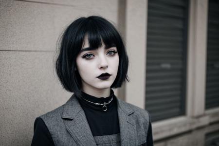 Teen brunnete nordic goth girl | tattoo | dark | Adult | On street | High quality | gothic makeup | realistic | informal | cute girl | bob cut hair | choker | solo | black hair
