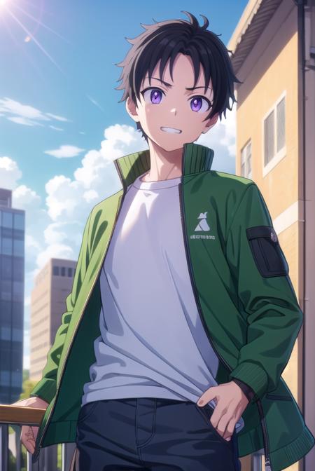 akiratendou, <lora:akira tendou s1-lora-nochekaiser:1>,
akira tendou, short hair, black hair, male focus, wide-eyed, (purple eyes:1.1), smile, grin,
BREAK shirt, jacket, white shirt, open clothes, pants, open jacket, black pants, green jacket,
BREAK outdoors, city, sun, sky, clouds,
BREAK looking at viewer, (cowboy shot:1.5),
BREAK <lyco:GoodHands-beta2:1>, (masterpiece:1.2), best quality, high resolution, unity 8k wallpaper, (illustration:0.8), (beautiful detailed eyes:1.6), extremely detailed face, perfect lighting, extremely detailed CG, (perfect hands, perfect anatomy),