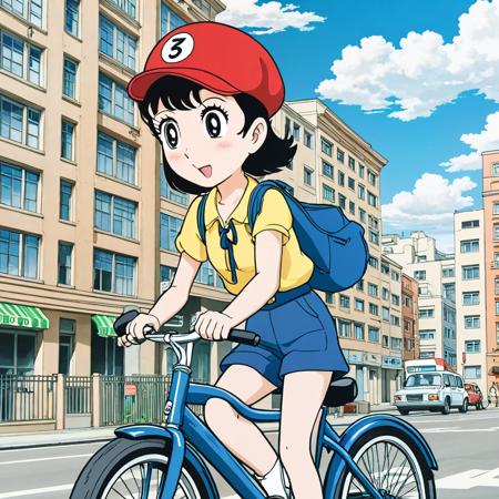 (Anime:1.1), 
best quality, girl wearing red cap,canvas shoes,holding tablet,riding shared bicycle,urban environment,cityscape background,old apartment building,weekend scene,specific urban atmosphere,retro vibes,modern touches,clear skies,daylight,animated style,expressive face,joyful expression,happy demeanor,childhood memories, anime style 80, 
 

(anime by Osamu Tezuka, 80s, big eyes, illustration,:1.1),  manga,
(film still, image still),

complex stuff background, 