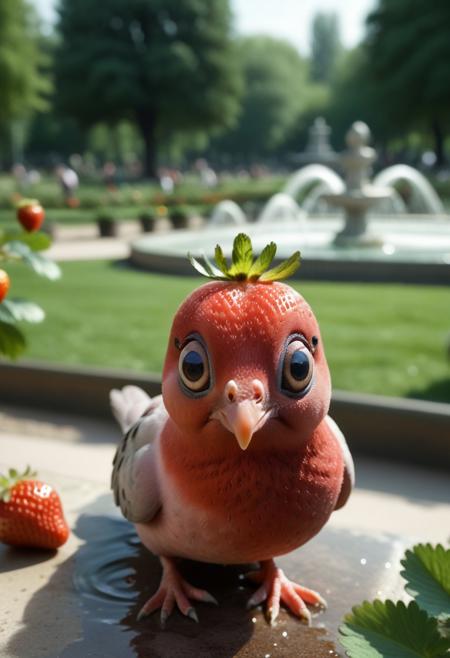 8k, photorealistic, dof, colourful, soft light, high-resolution picture,
A cute red pigeon made of strawberry, 
big eyes, detailed eyes, 
park background, garden, fountain
