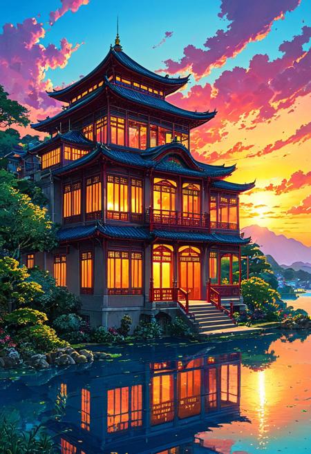 Image is a digital artwork,an oriental mansion, beautiful  landscape, sunset, very intricate, very detailed, sharp, bright, colorful, . (Studio Ghibli)