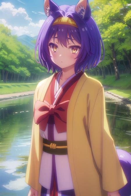 izunahatsuse, <lora:izuna hatsuse s1-lora-nochekaiser:1>,
izuna hatsuse, short hair, animal ears, purple hair, hairband, animal ear fluff, fox ears, slit pupils, (yellow eyes:1.3),
BREAK bow, tail, japanese clothes, wide sleeves, kimono, fox tail, short kimono,
BREAK outdoors, forest, nature, sun, sky, clouds, trees, river, grass,
BREAK looking at viewer, (cowboy shot:1.5),
BREAK <lyco:GoodHands-beta2:1>, (masterpiece:1.2), best quality, high resolution, unity 8k wallpaper, (illustration:0.8), (beautiful detailed eyes:1.6), extremely detailed face, perfect lighting, extremely detailed CG, (perfect hands, perfect anatomy),