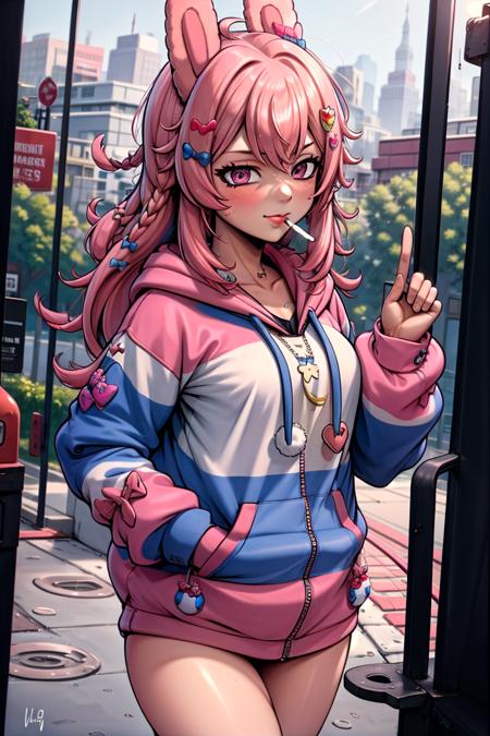 masterpiece, best quality, 1girl, solo, long hair, hair ornament, rabbit ears, pink hair, hair bow, virtual youtuber, outdoor, pippa  <lora:Char - PippaV2:0.9>, hoodie, oversized_hoodie, upper body, smoking,