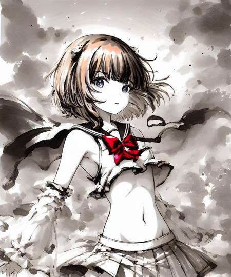 1girl, inkwash, 
bangs, (lightblue|lightgray:0.7) eyes, black bowtie, (lightgoldenrodyellow:brown:0.7) hair, Short hair, eyebrows_visible_through_hair, solo,white and black serafuku,white  pleated_skirt,flat_chest,
bare shoulders,stomach,sideboob,
(frontlight),(sunlight),sky,
looking_at_viewer <lora:inkwash:1>