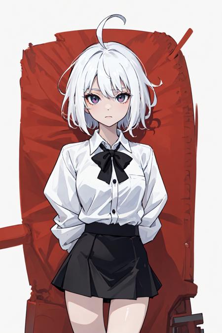 ((masterpiece, best quality)), (1girl), (solo), (female focus), (ahoge, white hair, short hair), black eyes, ((white shirt), (buttoned shirt)), ((black skirt), (short skirt)), standing, white background, arms behind back