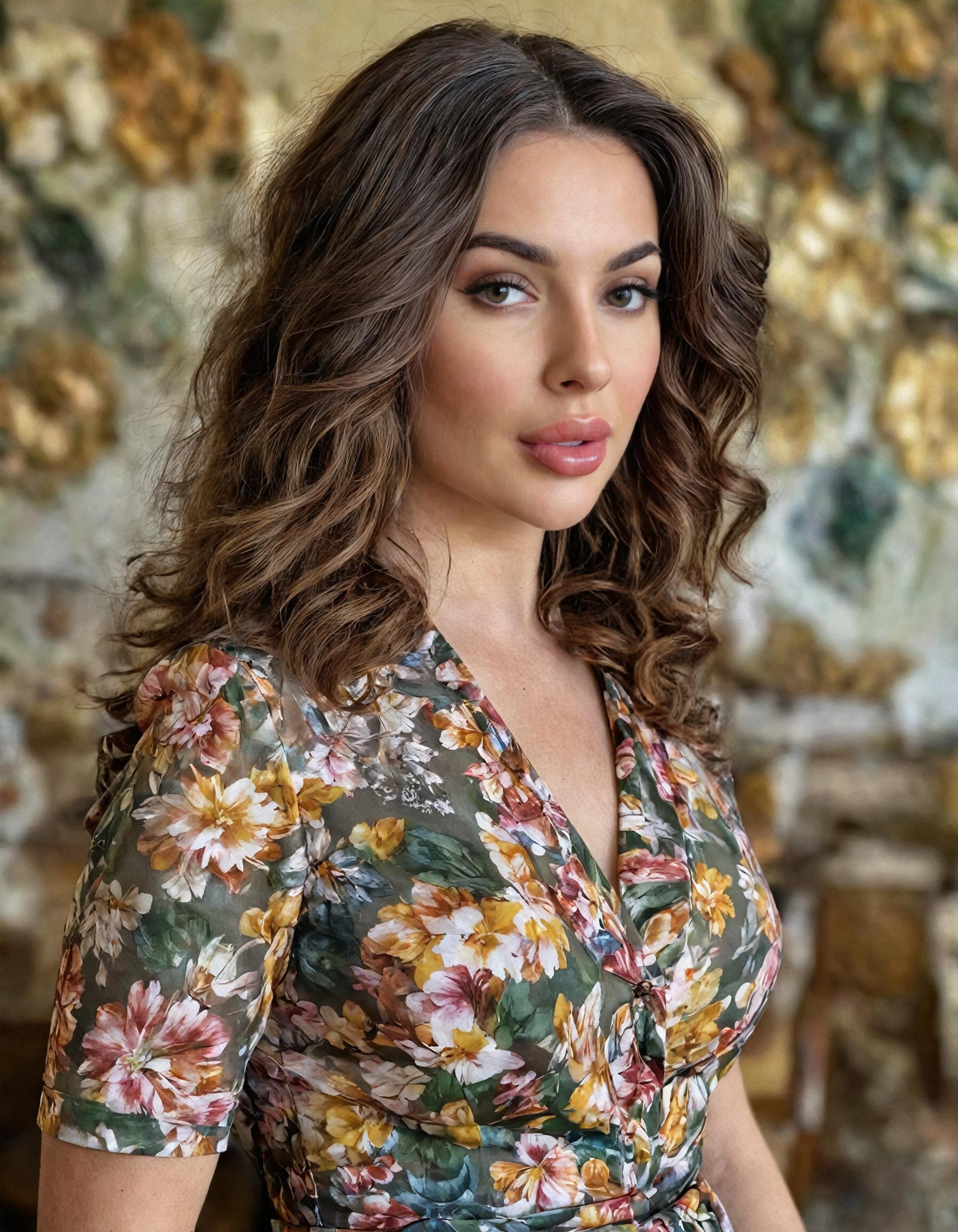 A beautiful woman with long brown hair and a flowery dress.