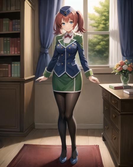 best quality, (masterpiece:1.2), illustration, absurdres,
(1girl, solo), (beautiful detailed girl),
<lora:Fran2-07:0.85>, Fran Seeker, blue eyes, small_breasts, red hair, twintails,
 garrison cap, uniform, suit, green miniskirt, black pantyhose, green high heels,
smile, happy, looking at viewer,
inside elegant bedroom, night, window, curtain, starry sky, lamp, bookcase, nightstand, vase, desk,