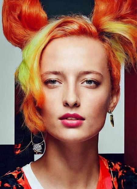 portrait of sks woman by Flora Borsi, style by Flora Borsi, bold, bright colours, orange Mohawk haircut, ((Flora Borsi)), <lora:lora_iga_swiatek_320:1.4>