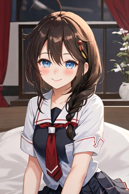 best quality, masterpiece, highres, solo, {shigure_kantaicollection:1.15}, long_hair, blue_eyes, ahoge, hair_flaps, braid, single_braid, hair_ornament, brown_hair, blush, black_hair, smile, hair_between_eyes, breasts, 1girl, looking_at_viewer, school_uniform, serafuku, alternate_hairstyle, hair_down, hairclip