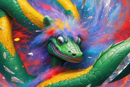 Green alligator in a clear neo-pop style, mysterious character, bright close-up, high detail, illustration, hyperrealistic, crystal clear, vivid colors, cinematic lighting, character design by Takashi Murakami and KAWS, 4k resolution
