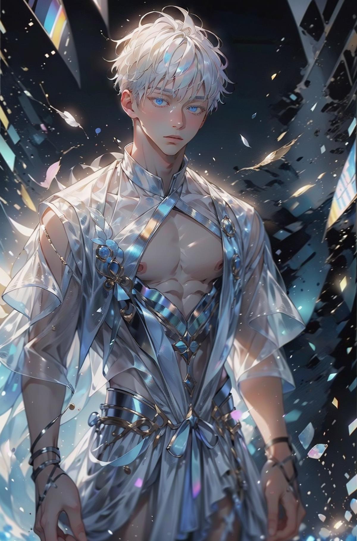 Shirtless Male Anime Character with Blue Eyes and Gold Chains.