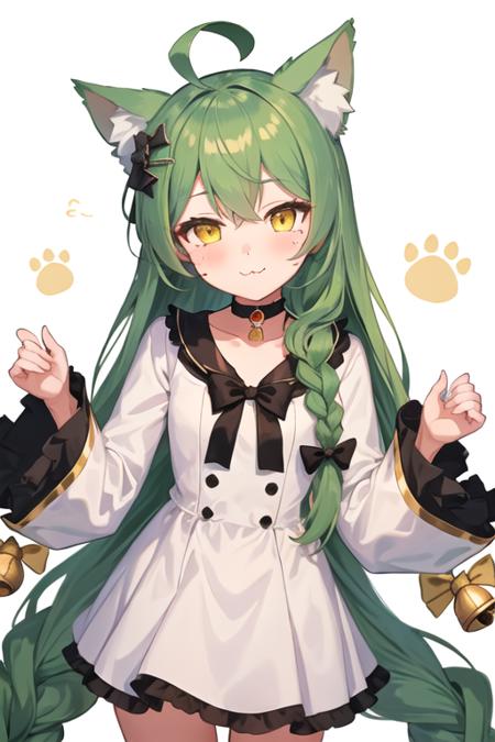 best quality, masterpiece, highres, solo, {akashi_azurlane:1.15}, animal_ears, cat_ears, green_hair, long_hair, ahoge, hair_between_eyes, yellow_eyes, blush, bell, bow, hair_ornament, bangs, very_long_hair, :3, mole, smile, mole_under_eye, 1girl, choker, looking_at_viewer, ribbon_choker, simple_background, sleeves_past_wrists, white_background, dress, white_dress, long_sleeves, braid, hair_bow